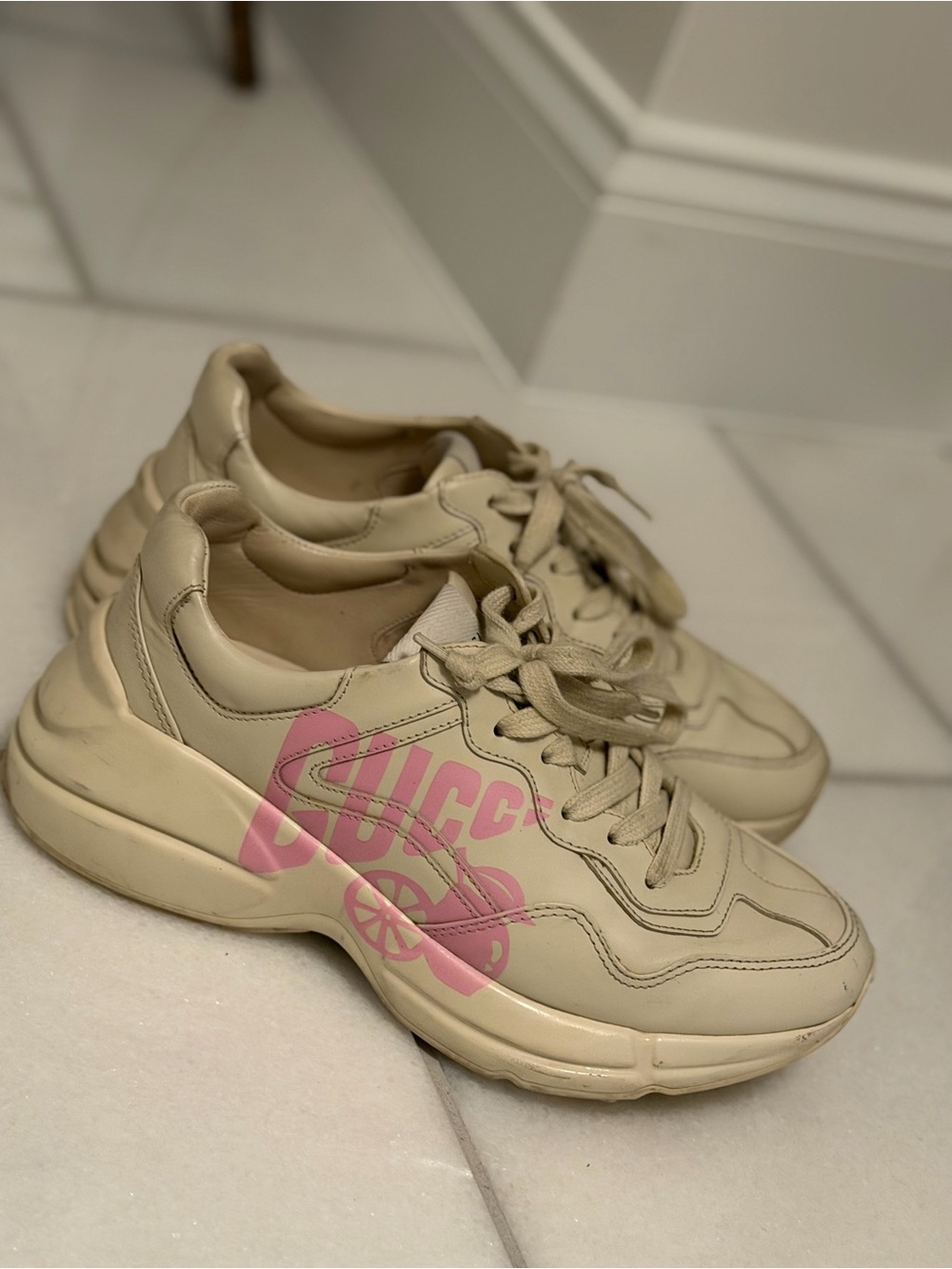 Gucci Cream Leather Chunky Sneaker with Pink Logo